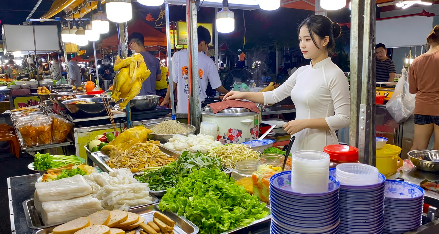 Vietnamese street food banh mi and noodles at Han Market Da Nang